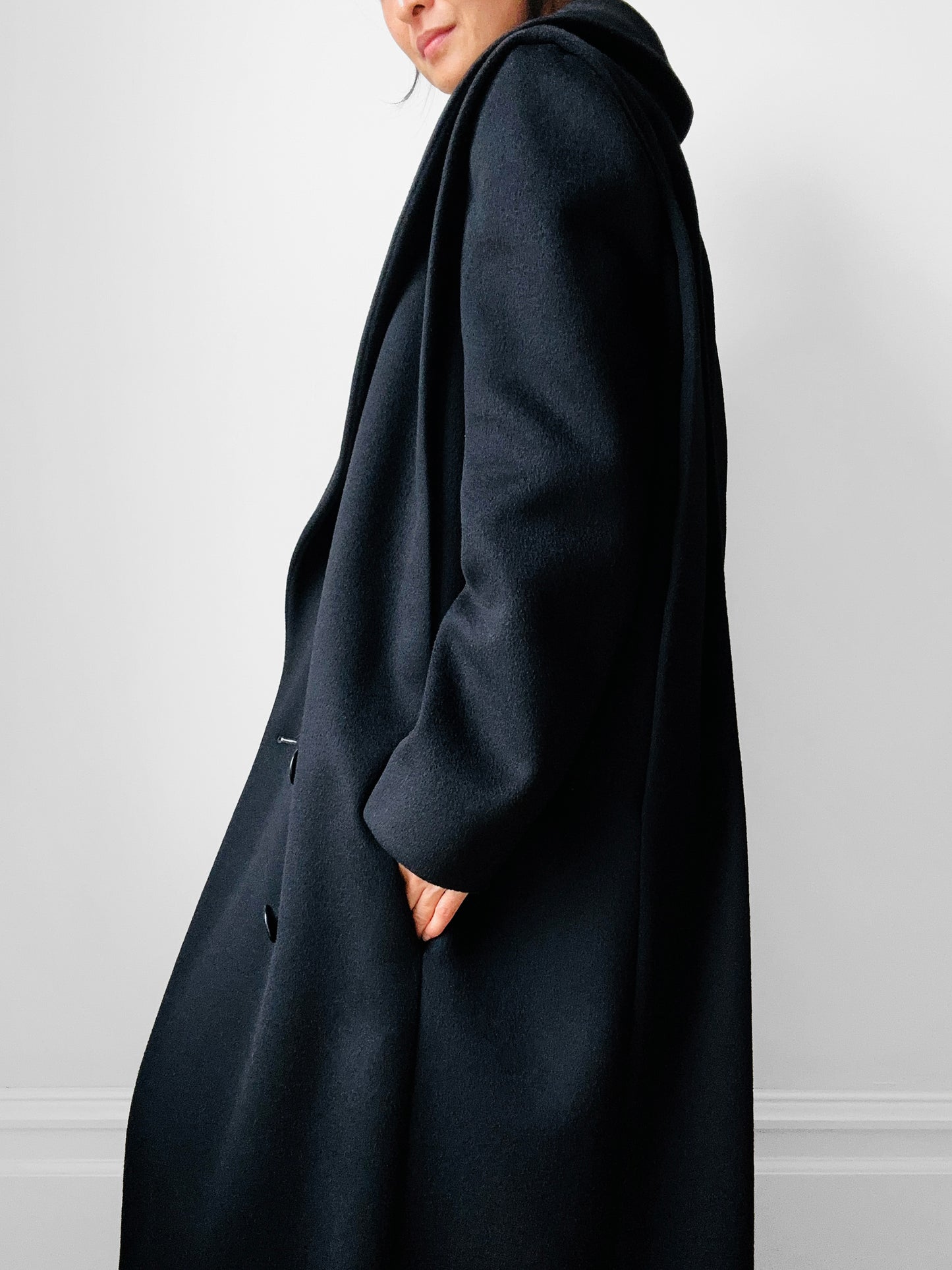 1980s Black Wool Exaggerated Collar Coat- Sz. S/M