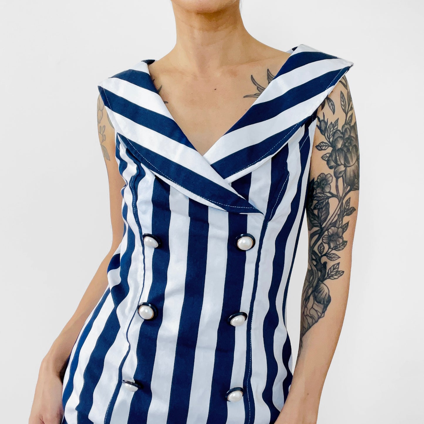 1980s Made in the USA Navy Blue and White Stripe Button Front Off-Shoulder Zip-Back Fitted Above-The-Knee Dress - S/M