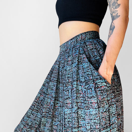 1980s Blue Pleated Patterned Skirt - Sz. Sm