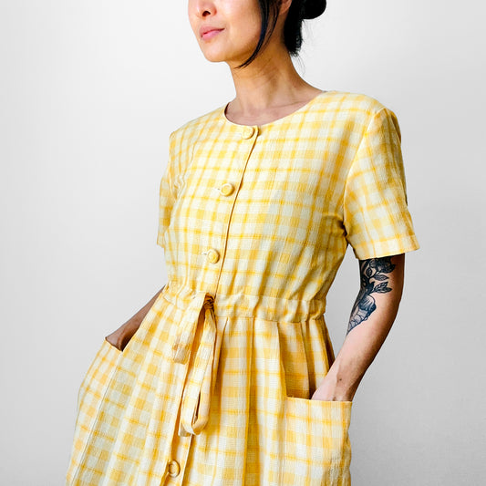 1980s Yellow Plaid Tied Waist Summer Dress - Sz. S/M