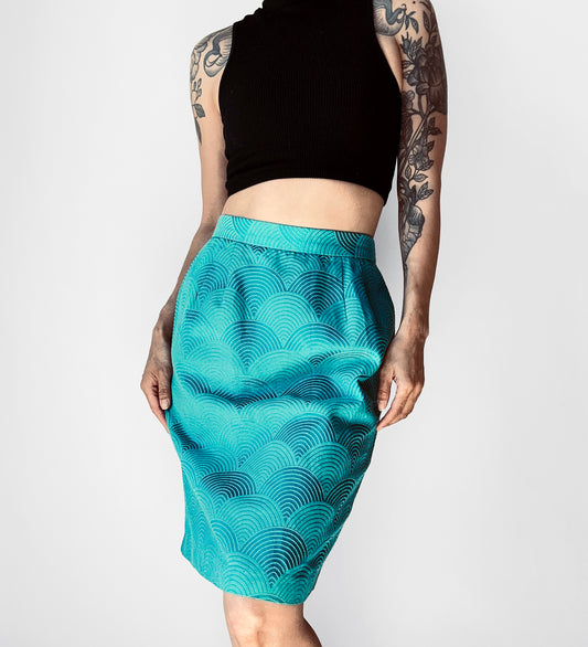 1980s Turquoise Fan Textured Patterned Skirt - Sz. S/M