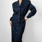 1980s Dark Navy Blue Button-Front Collared Tapered-Waist Wool Harve Benard Dress - Sz. S/M