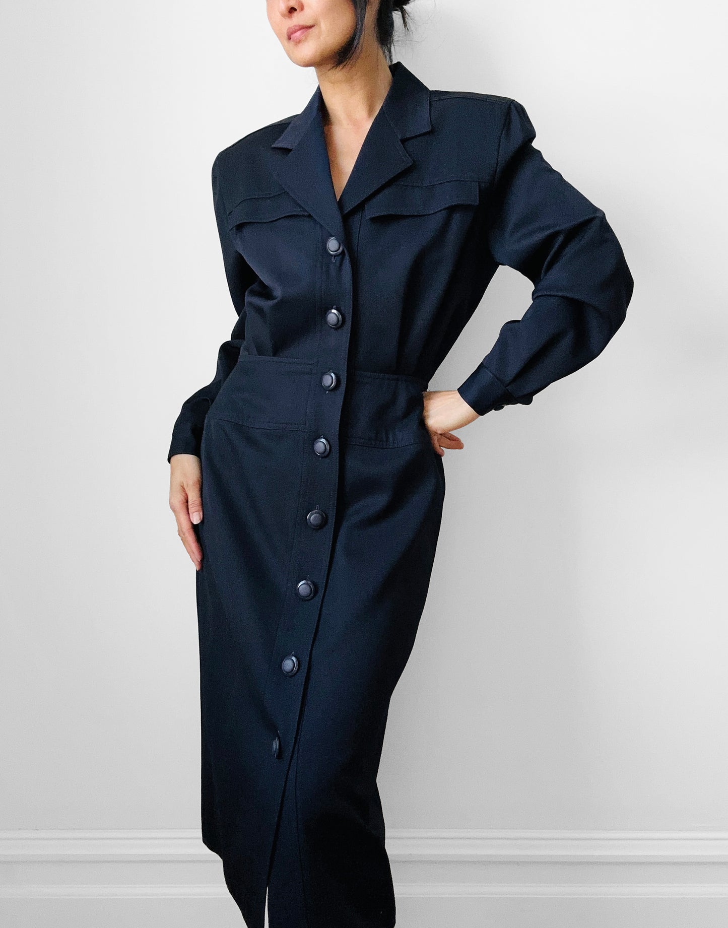 1980s Dark Navy Blue Button-Front Collared Tapered-Waist Wool Harve Benard Dress - Sz. S/M