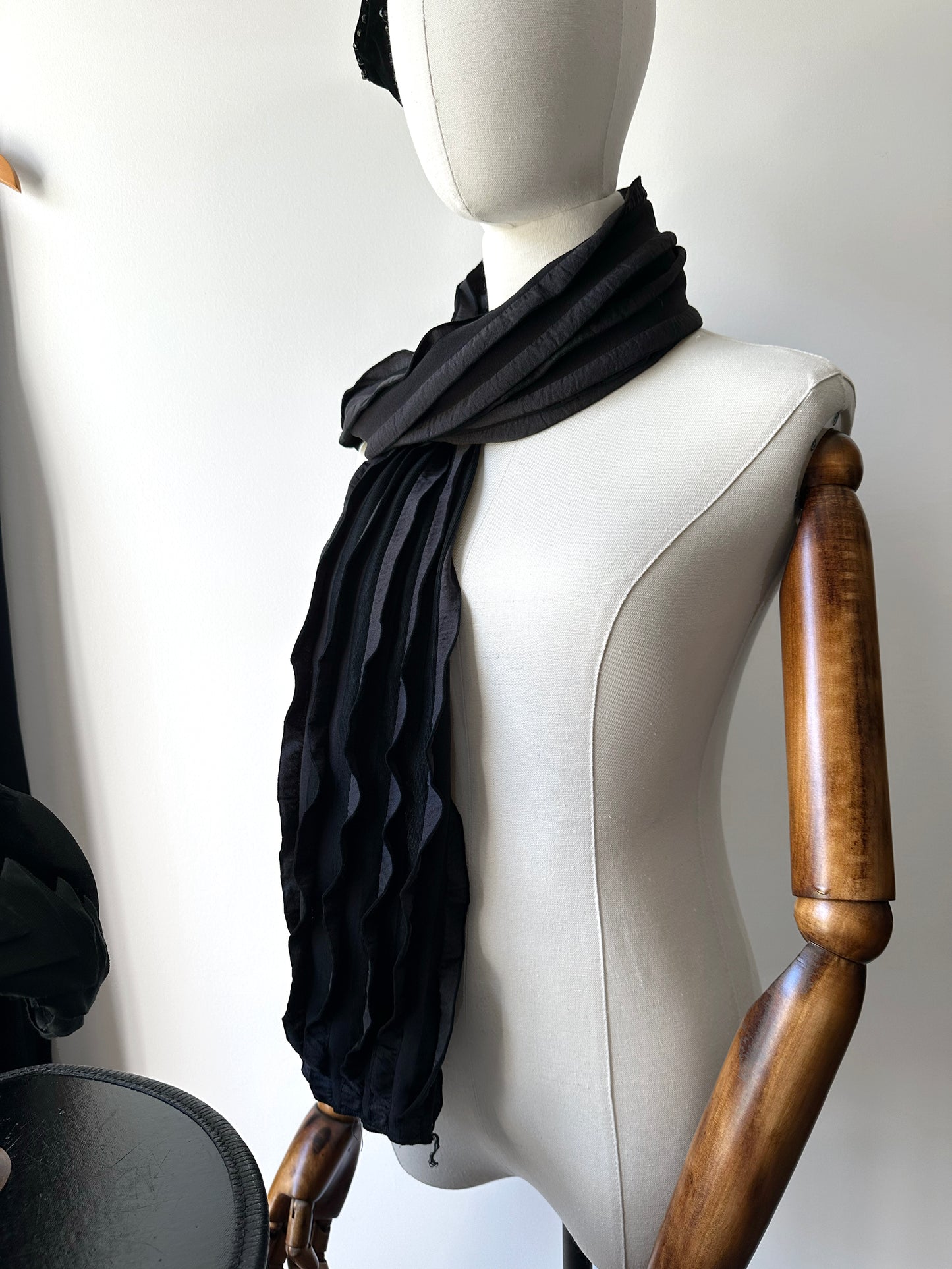 Vintage Black Striped Semi Sheer Ruffle Scarf