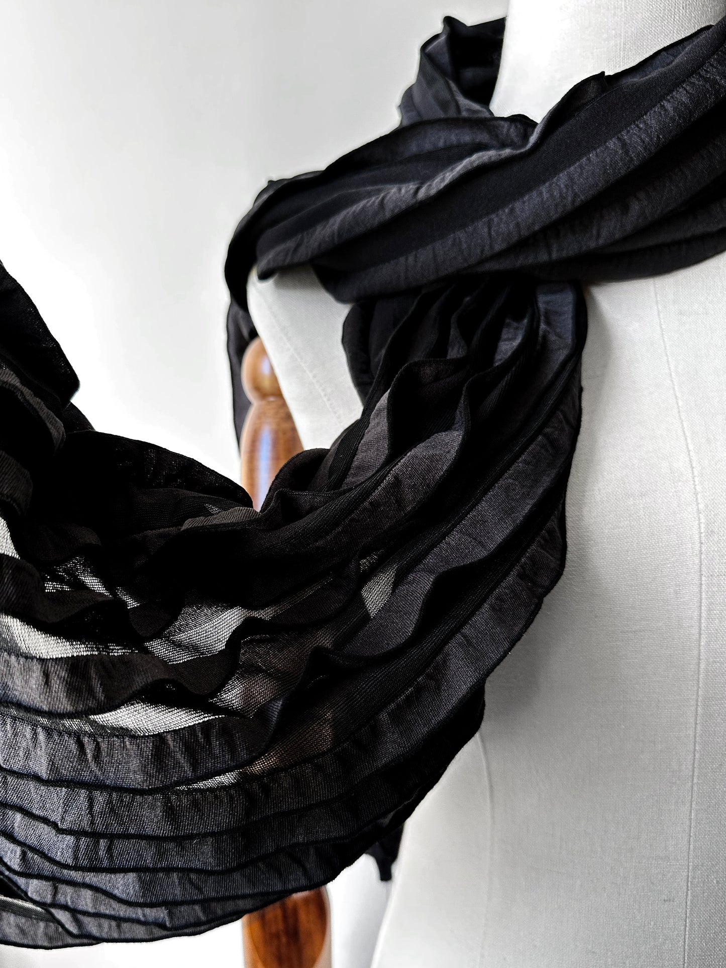 Vintage Black Striped Semi Sheer Ruffle Scarf