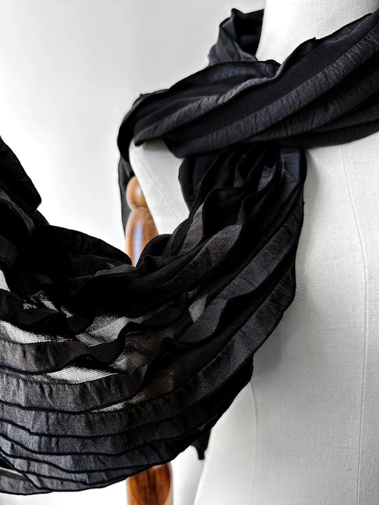 Vintage Black Striped Semi Sheer Ruffle Scarf