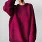 Chunky Wine-Toned Handknit Heavy Wool Jumper Sweater - Sz. O/S