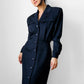 1980s Dark Navy Blue Button-Front Collared Tapered-Waist Wool Harve Benard Dress - Sz. S/M