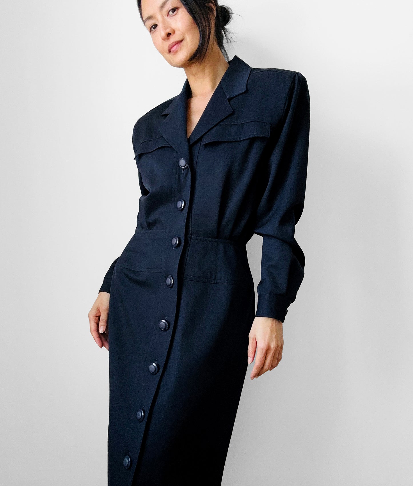 1980s Dark Navy Blue Button-Front Collared Tapered-Waist Wool Harve Benard Dress - Sz. S/M