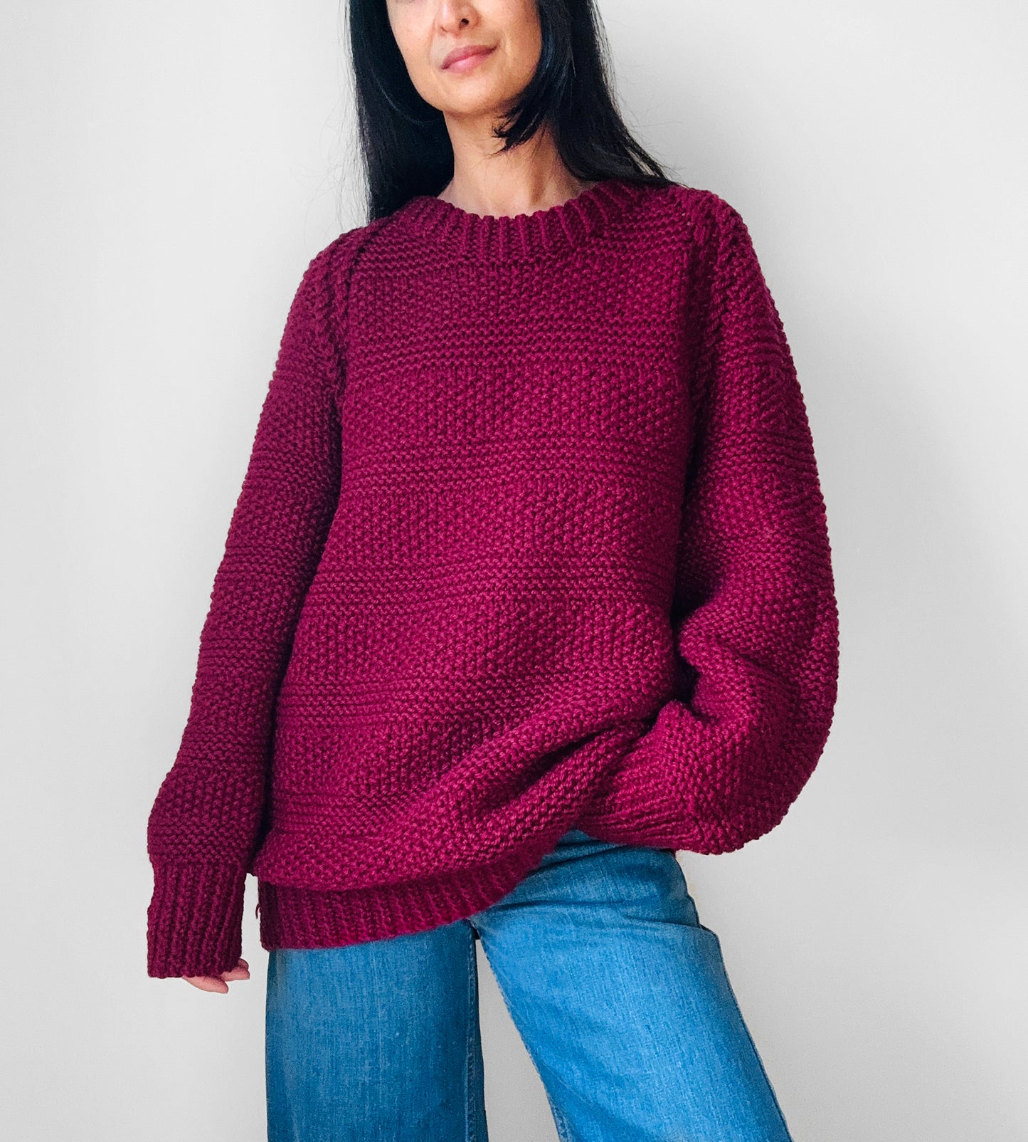 Chunky Wine-Toned Handknit Heavy Wool Jumper Sweater - Sz. O/S