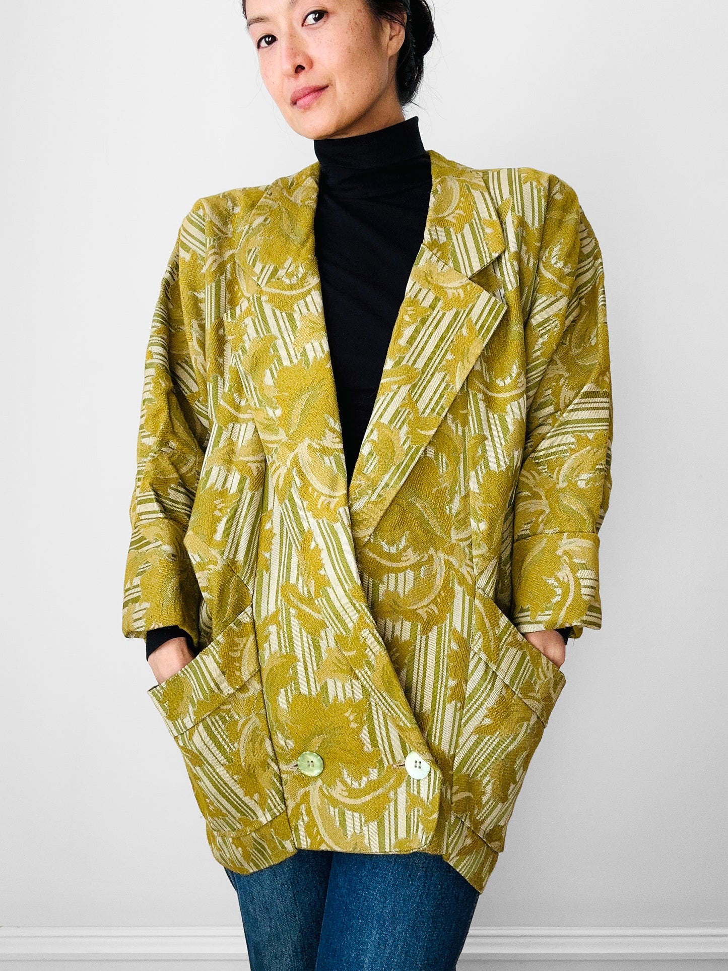 1970s - 1980s Jim Pope Toronto Designer Chartreuse Textured Double Button Jacket - S/M