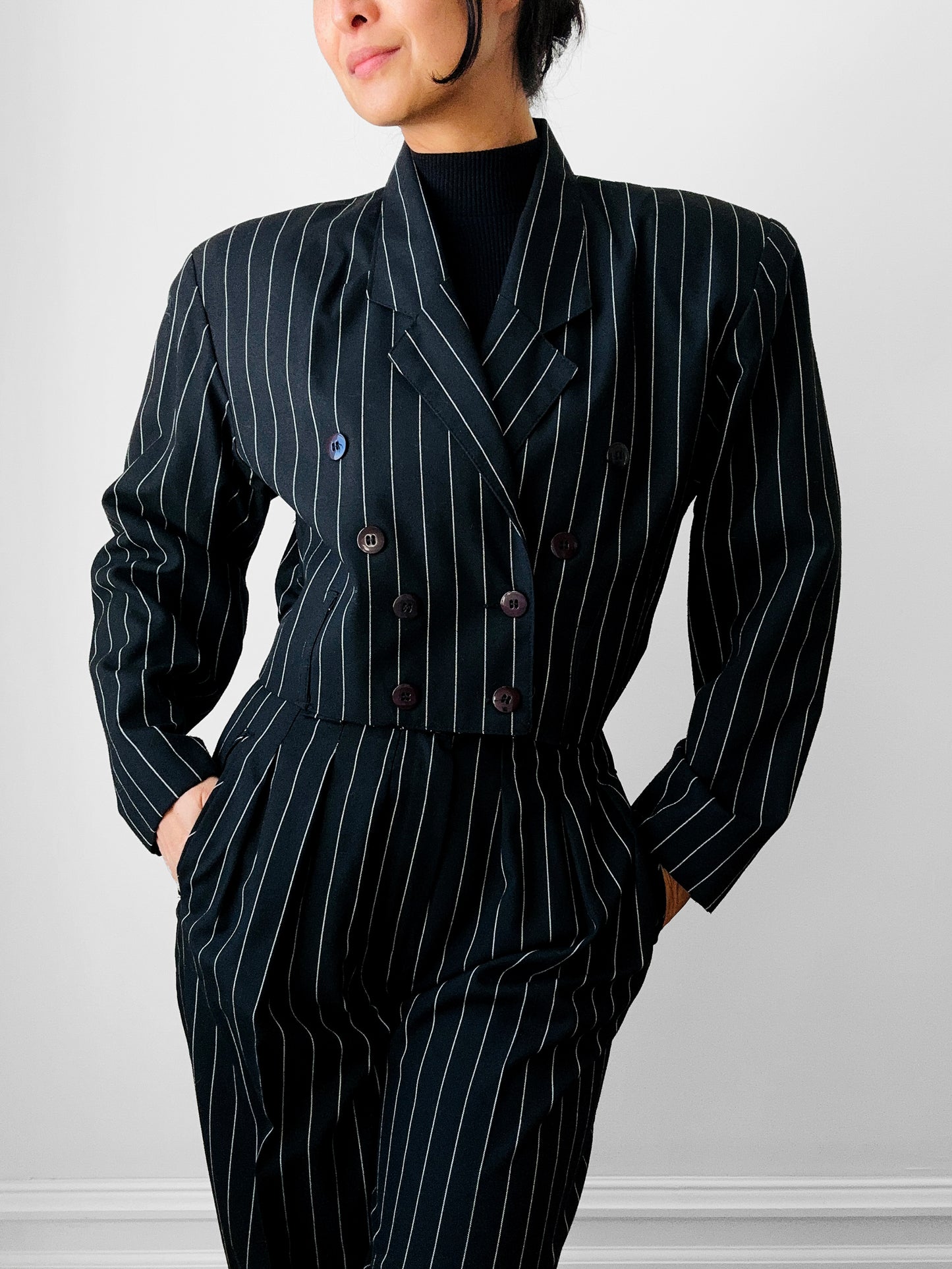1980s Black and White Pinstripe Two Piece Suit - Sz. SM