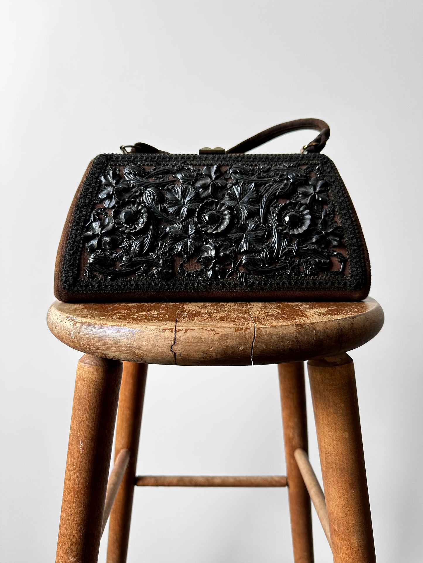 1950s Caron of Houston Black Brown Top Handle Carved Celluloid Handbag