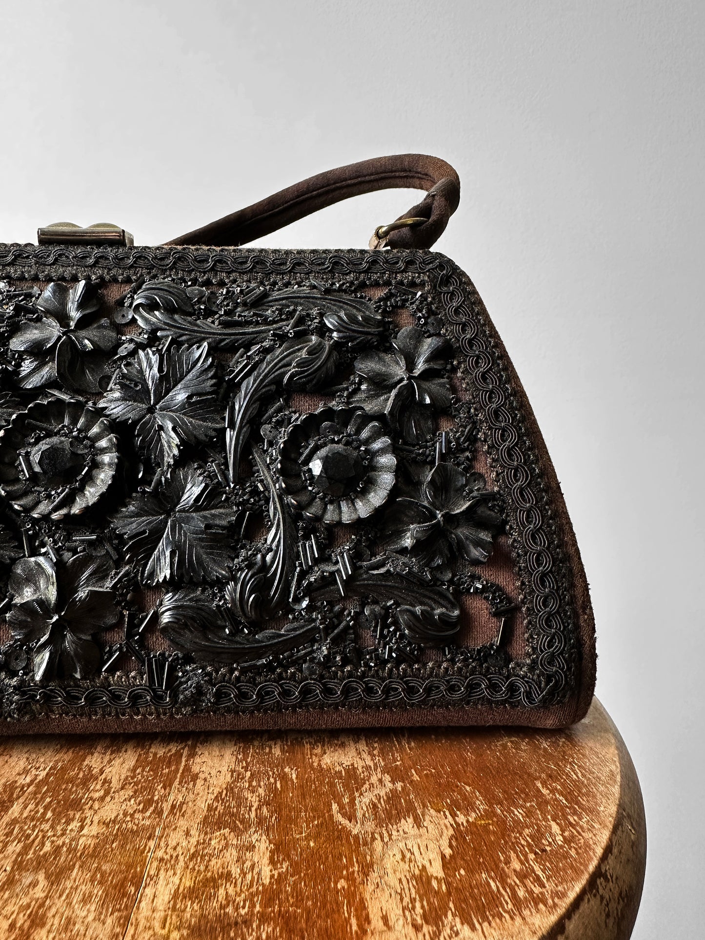 1950s Caron of Houston Black Brown Top Handle Carved Celluloid Handbag