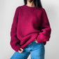 Chunky Wine-Toned Handknit Heavy Wool Jumper Sweater - Sz. O/S