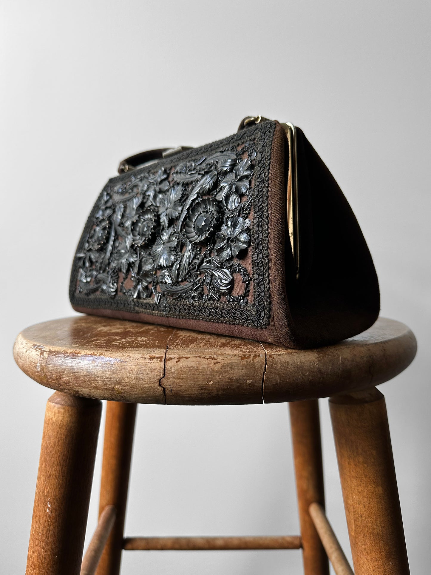 1950s Caron of Houston Black Brown Top Handle Carved Celluloid Handbag