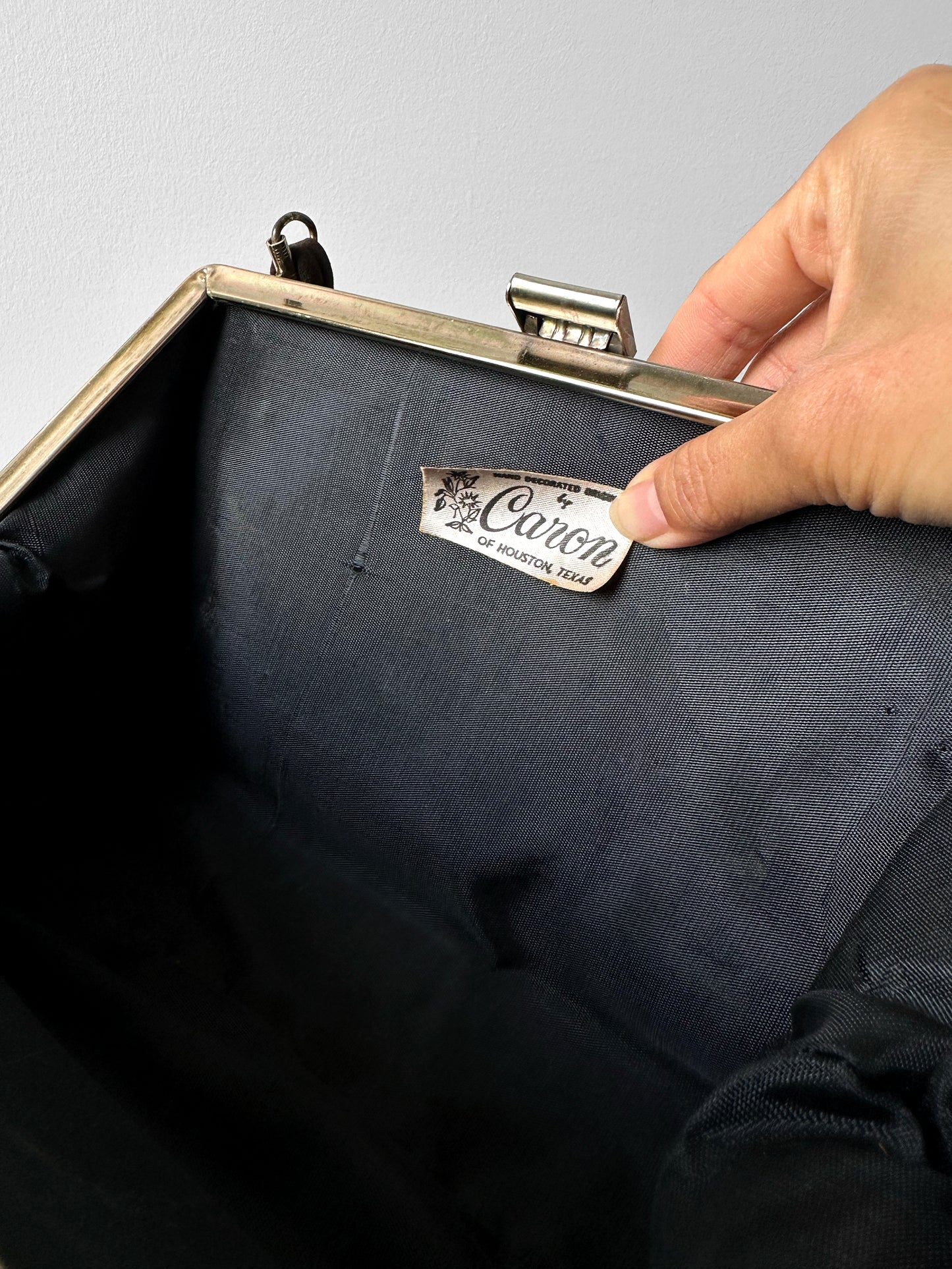 1950s Caron of Houston Black Brown Top Handle Carved Celluloid Handbag