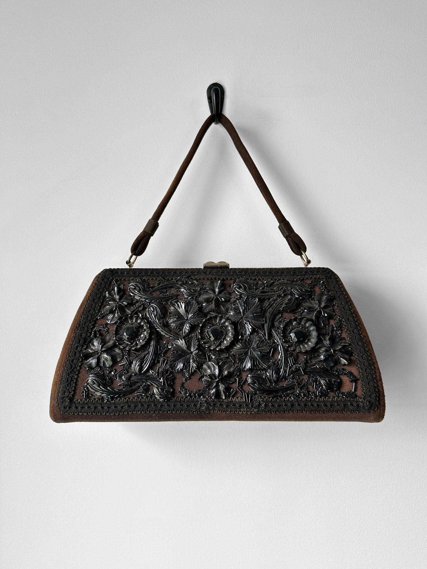 1950s Caron of Houston Black Brown Top Handle Carved Celluloid Handbag