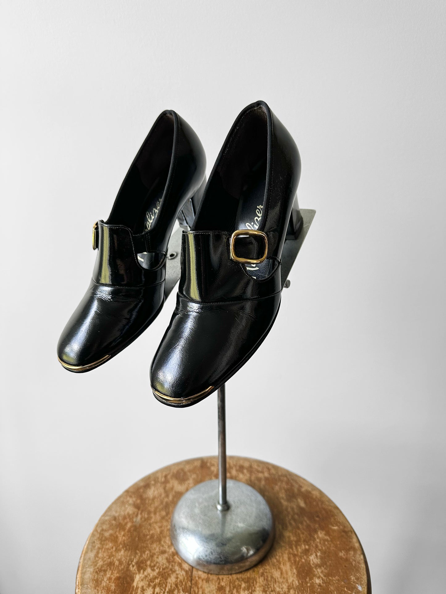 1960s - 1970s Black Patent Leather Gold Buckle Slip On Heels