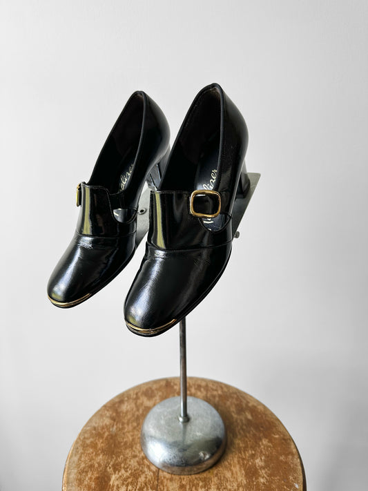 1960s - 1970s Black Patent Leather Gold Buckle Slip On Heels