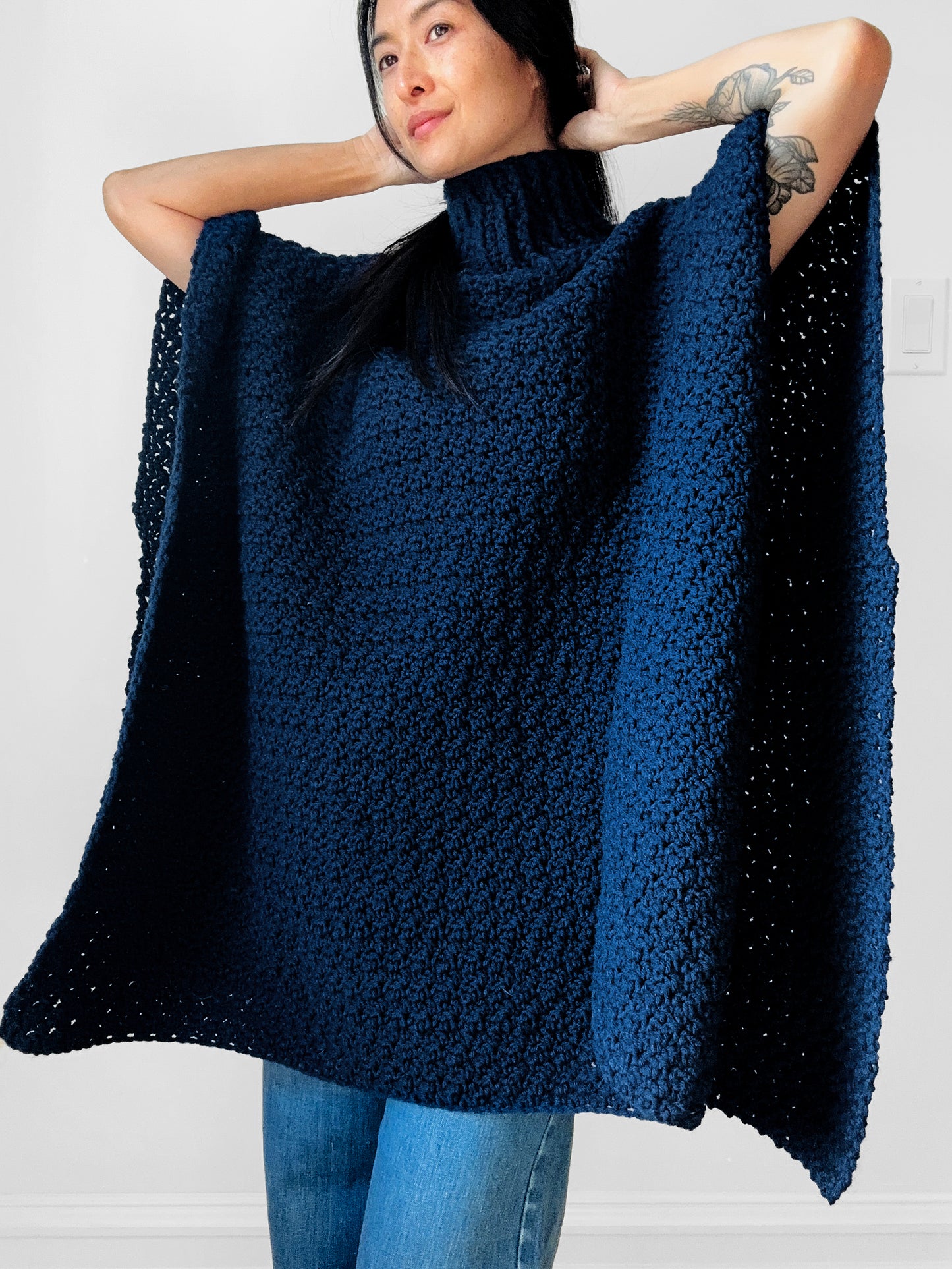 Handknit Oversized High Neck Indigo Blue Poncho Sweater - Sz. O/S