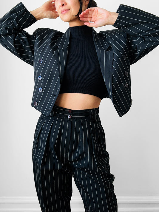 1980s Black and White Pinstripe Two Piece Suit - Sz. SM