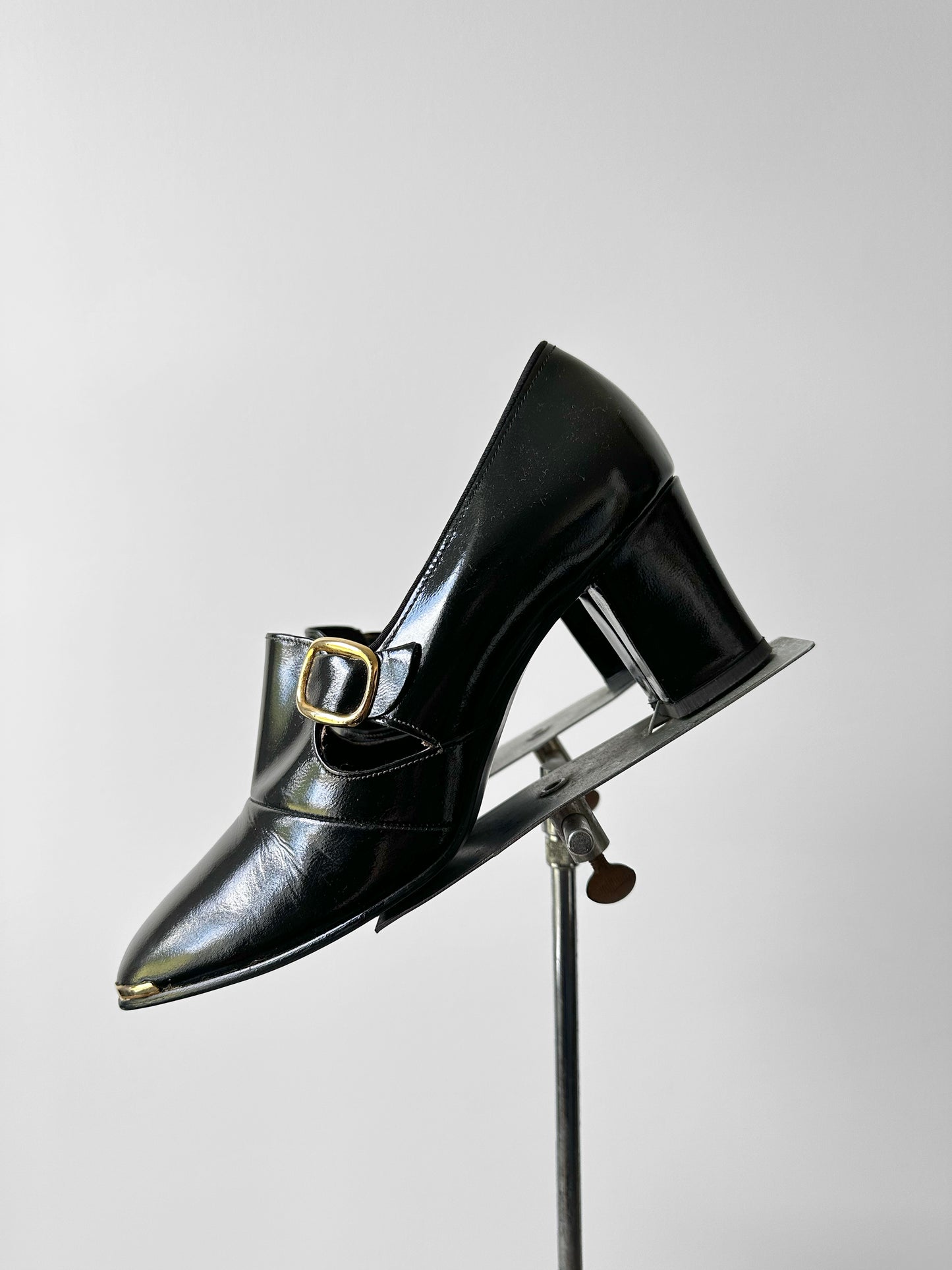 1960s - 1970s Black Patent Leather Gold Buckle Slip On Heels