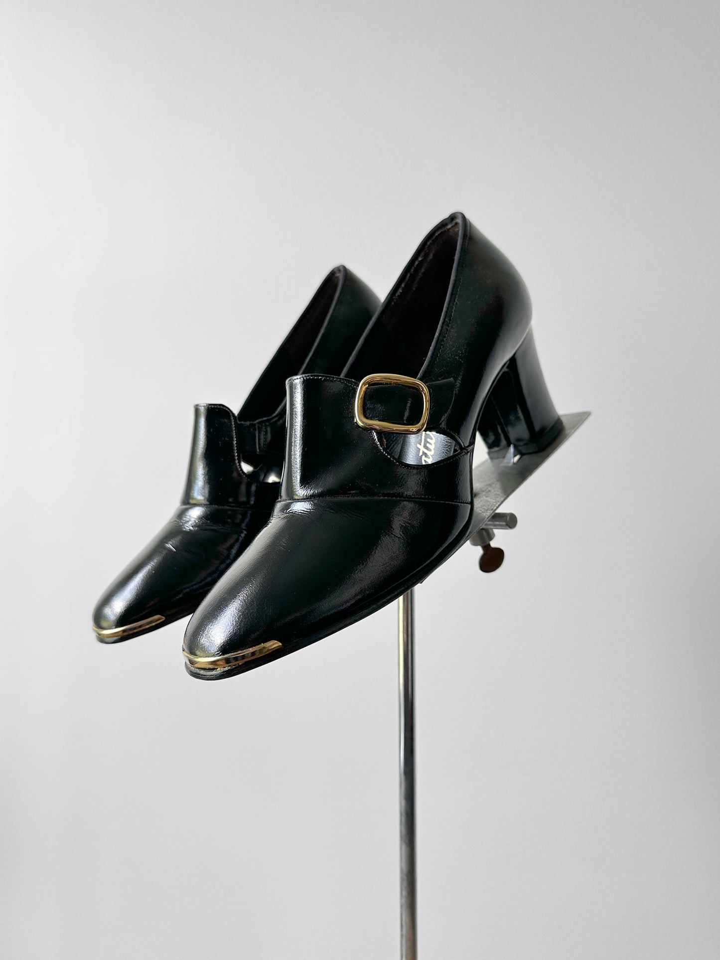 1960s - 1970s Black Patent Leather Gold Buckle Slip On Heels