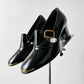 1960s - 1970s Black Patent Leather Gold Buckle Slip On Heels