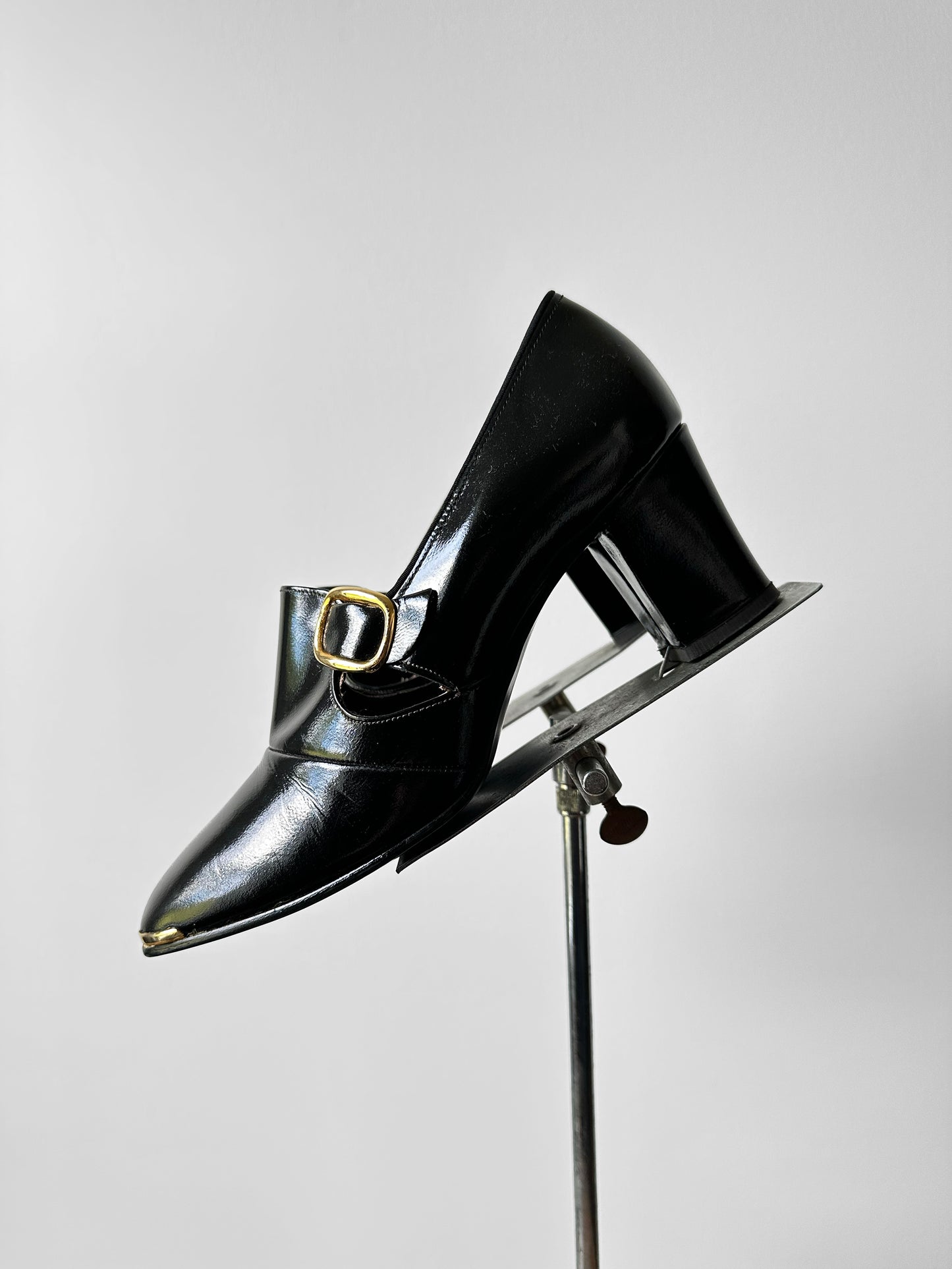 1960s - 1970s Black Patent Leather Gold Buckle Slip On Heels