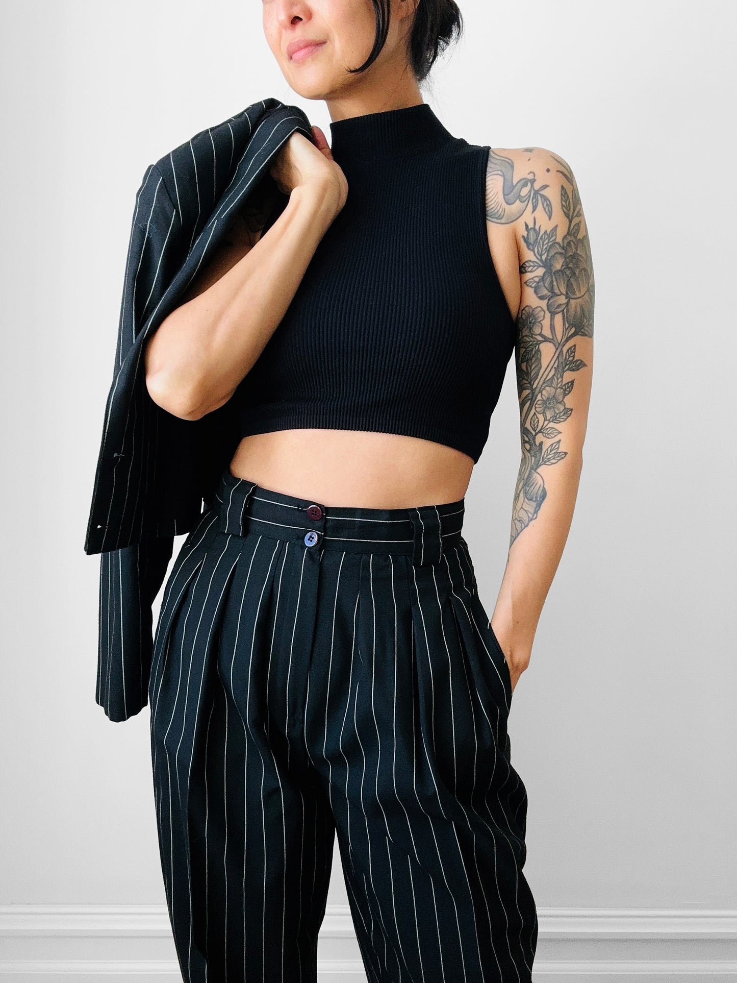 1980s Black and White Pinstripe Two Piece Suit - Sz. SM