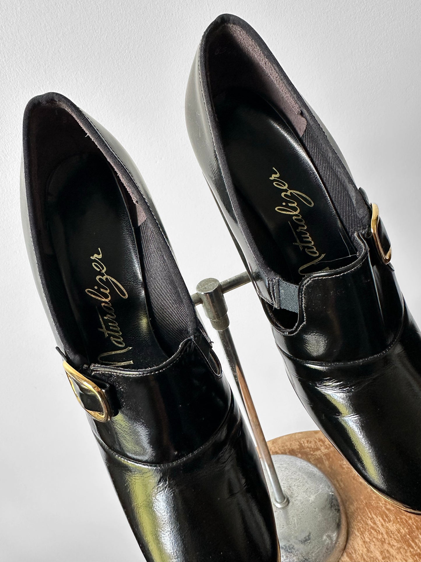 1960s - 1970s Black Patent Leather Gold Buckle Slip On Heels