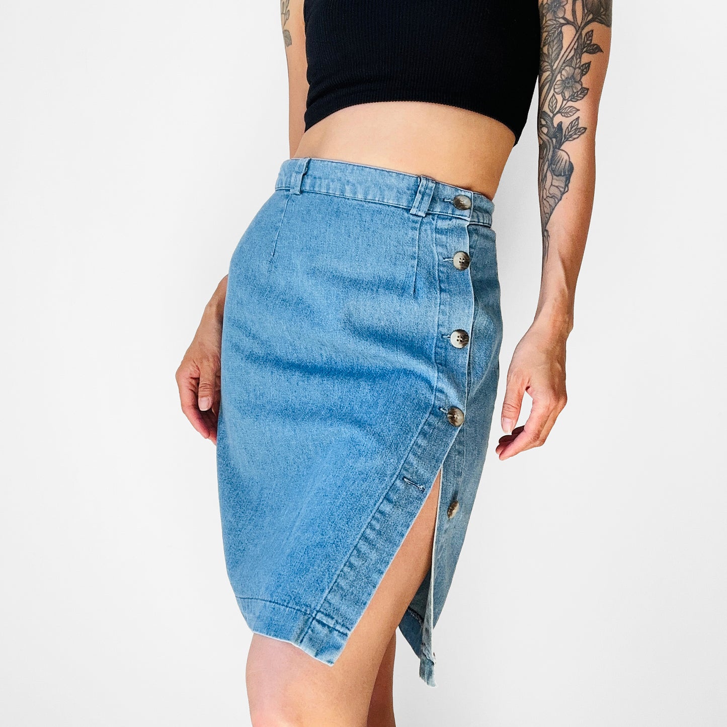 1990s Blue Soft Chambray Side Button Jean Skirt - Sz. Small