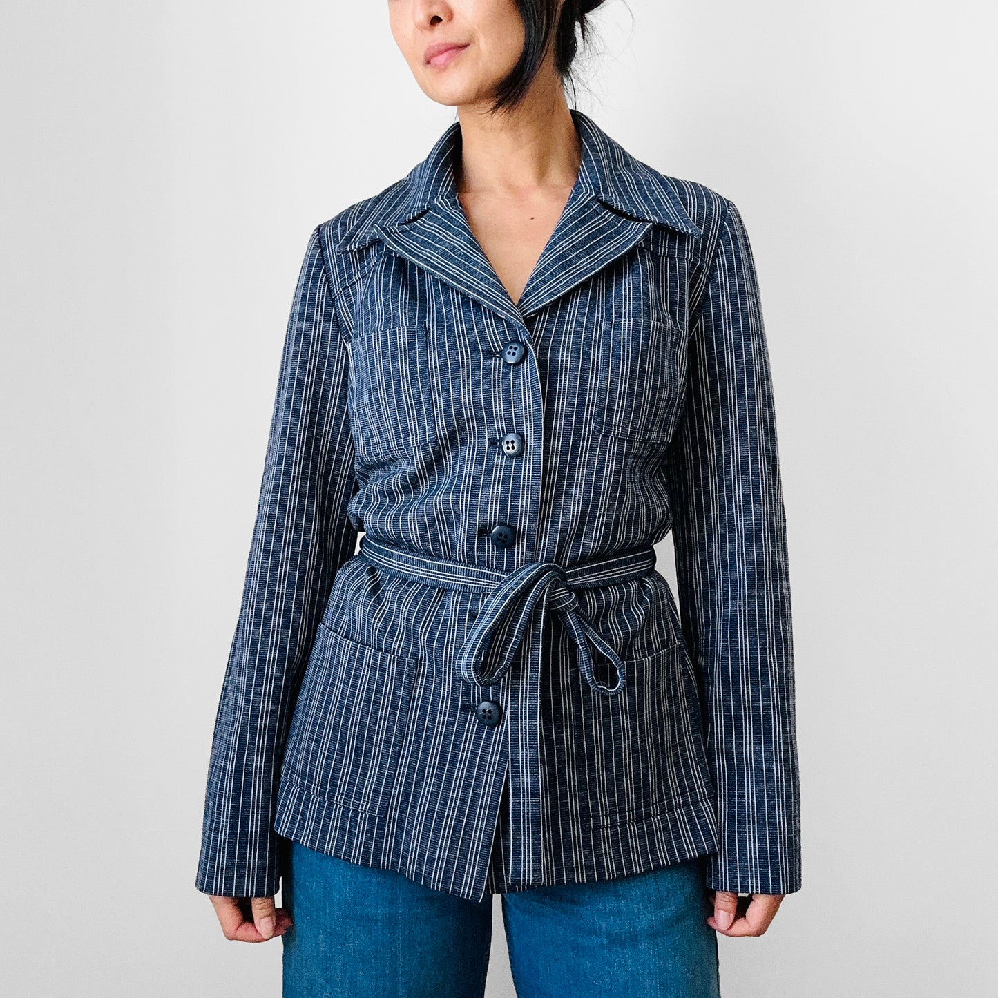 1970s Navy and White Stripe Belted Button Front Collared French Jacket - Sz. S/M