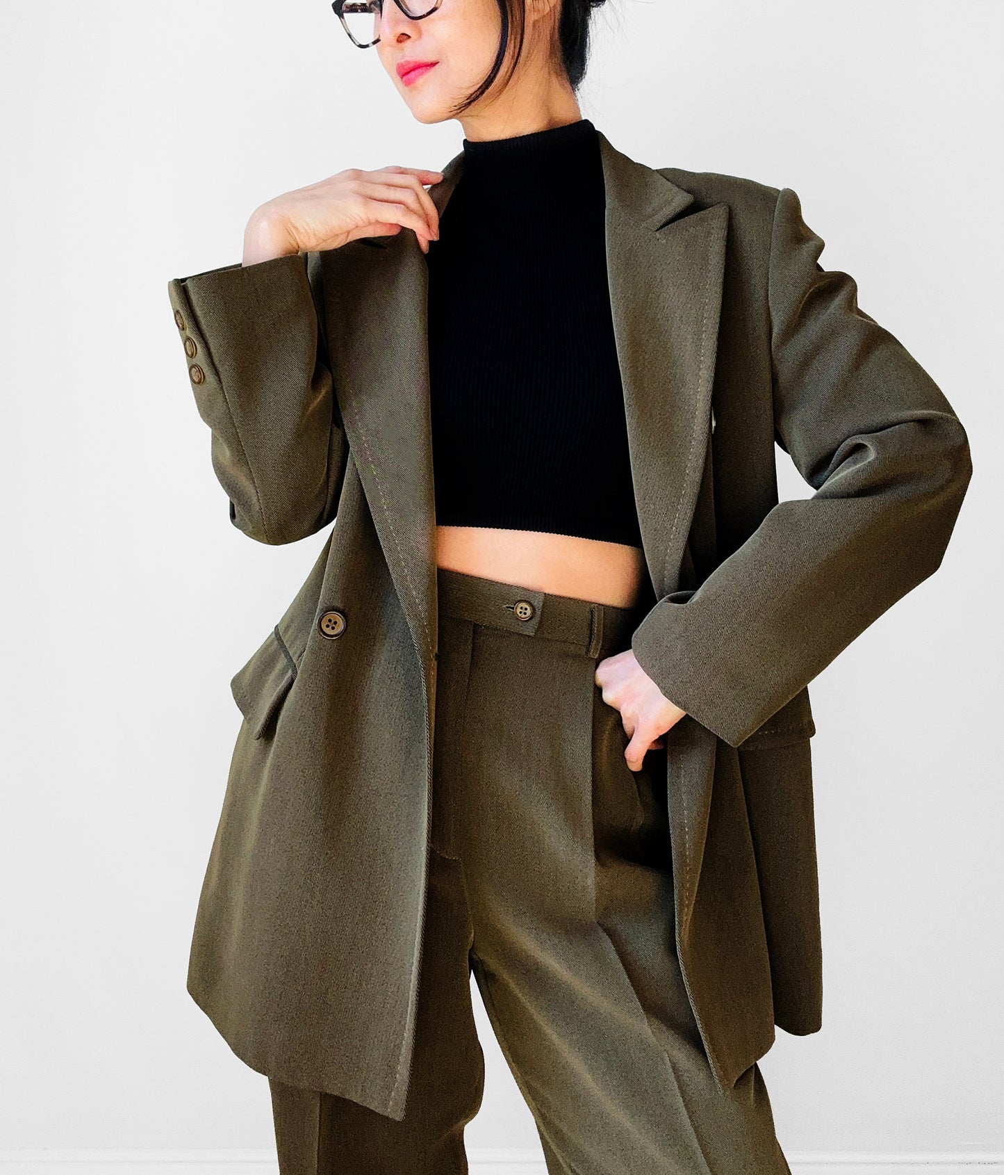 1980s VOTRE NOM Paris Olive Green Relaxed Style Double Breasted Pant Suit Set - Sz. S/M