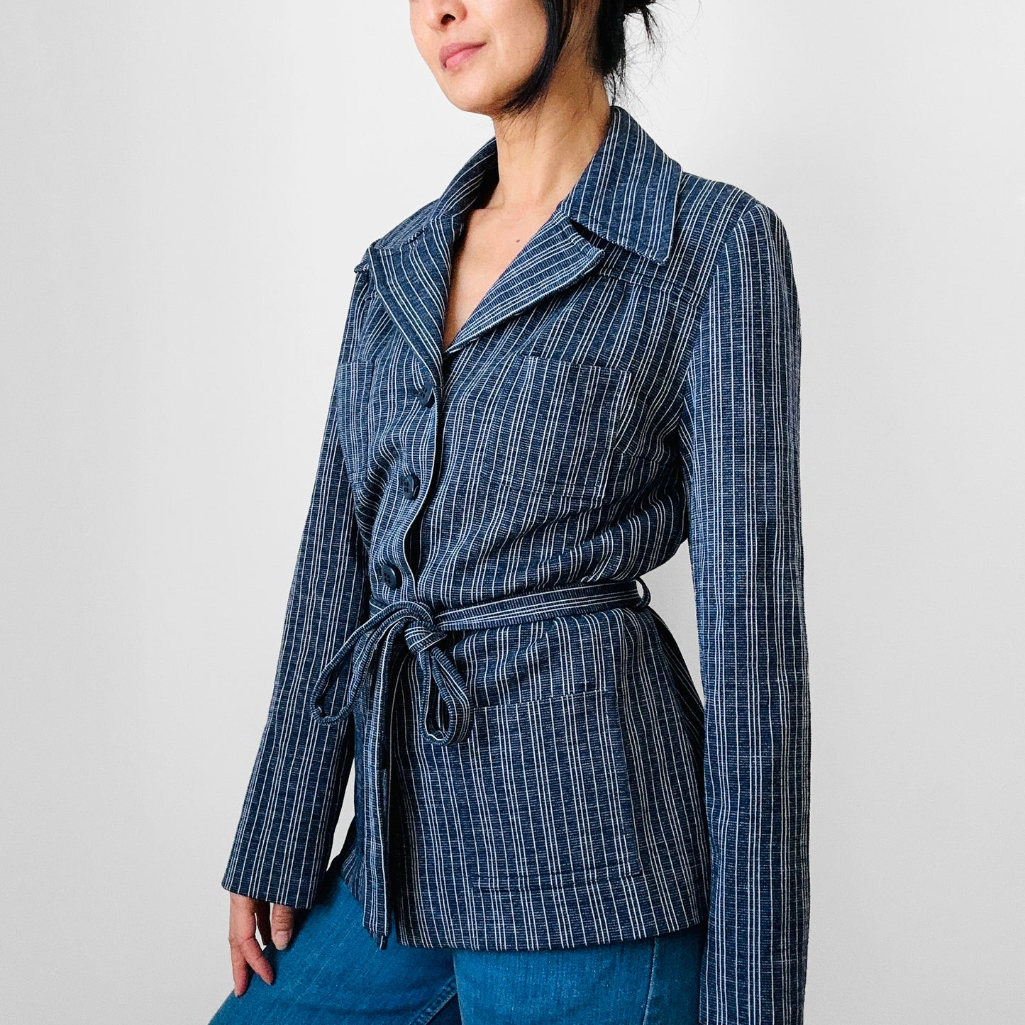 1970s Navy and White Stripe Belted Button Front Collared French Jacket - Sz. S/M