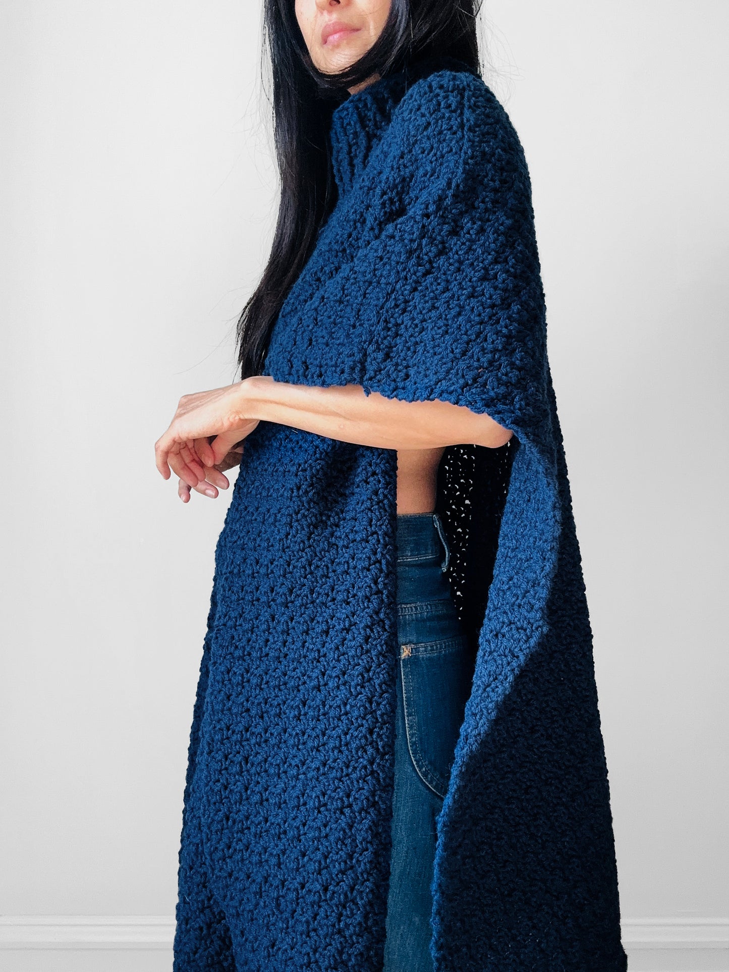 Handknit Oversized High Neck Indigo Blue Poncho Sweater - Sz. O/S