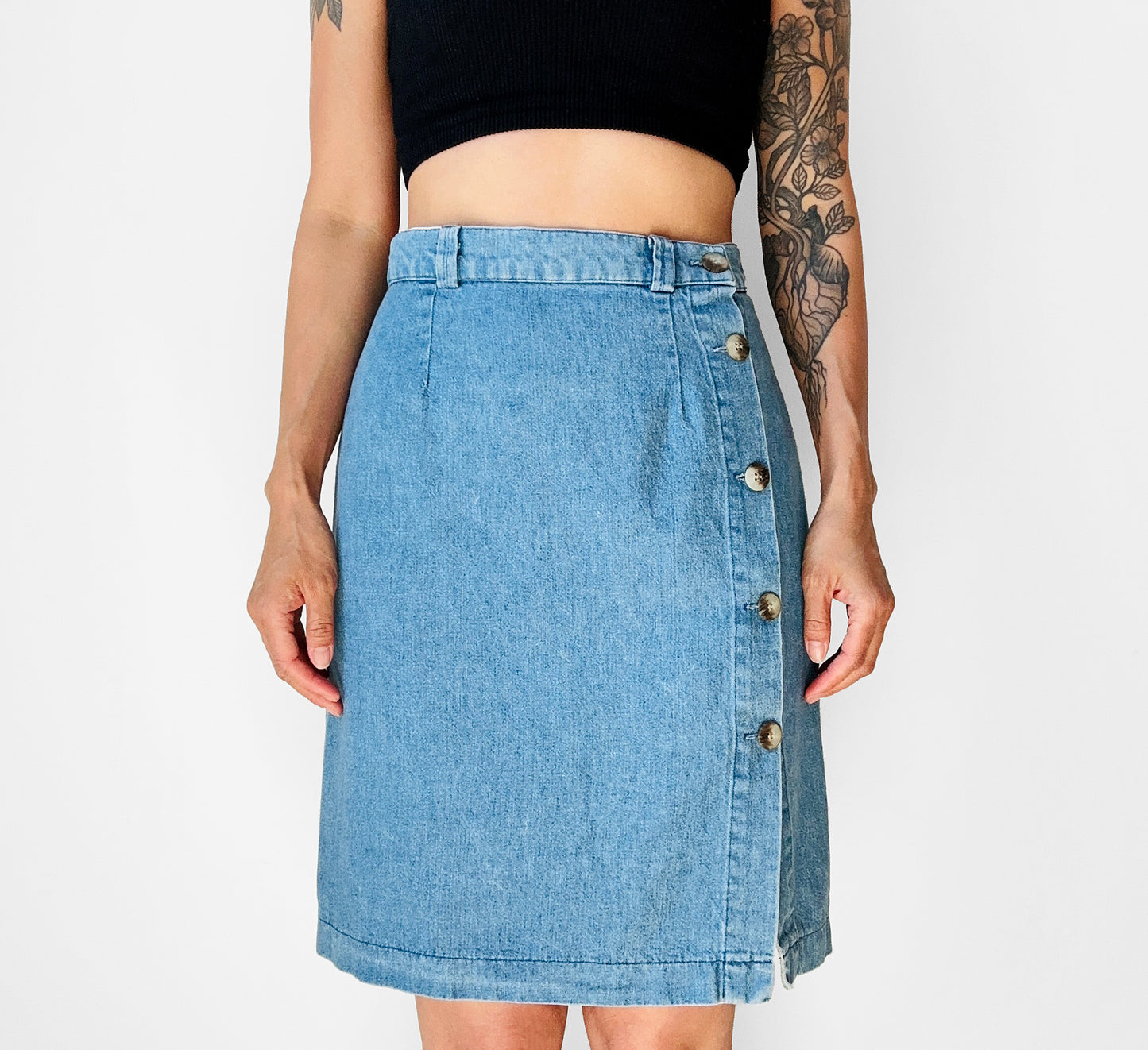 1990s Blue Soft Chambray Side Button Jean Skirt - Sz. Small