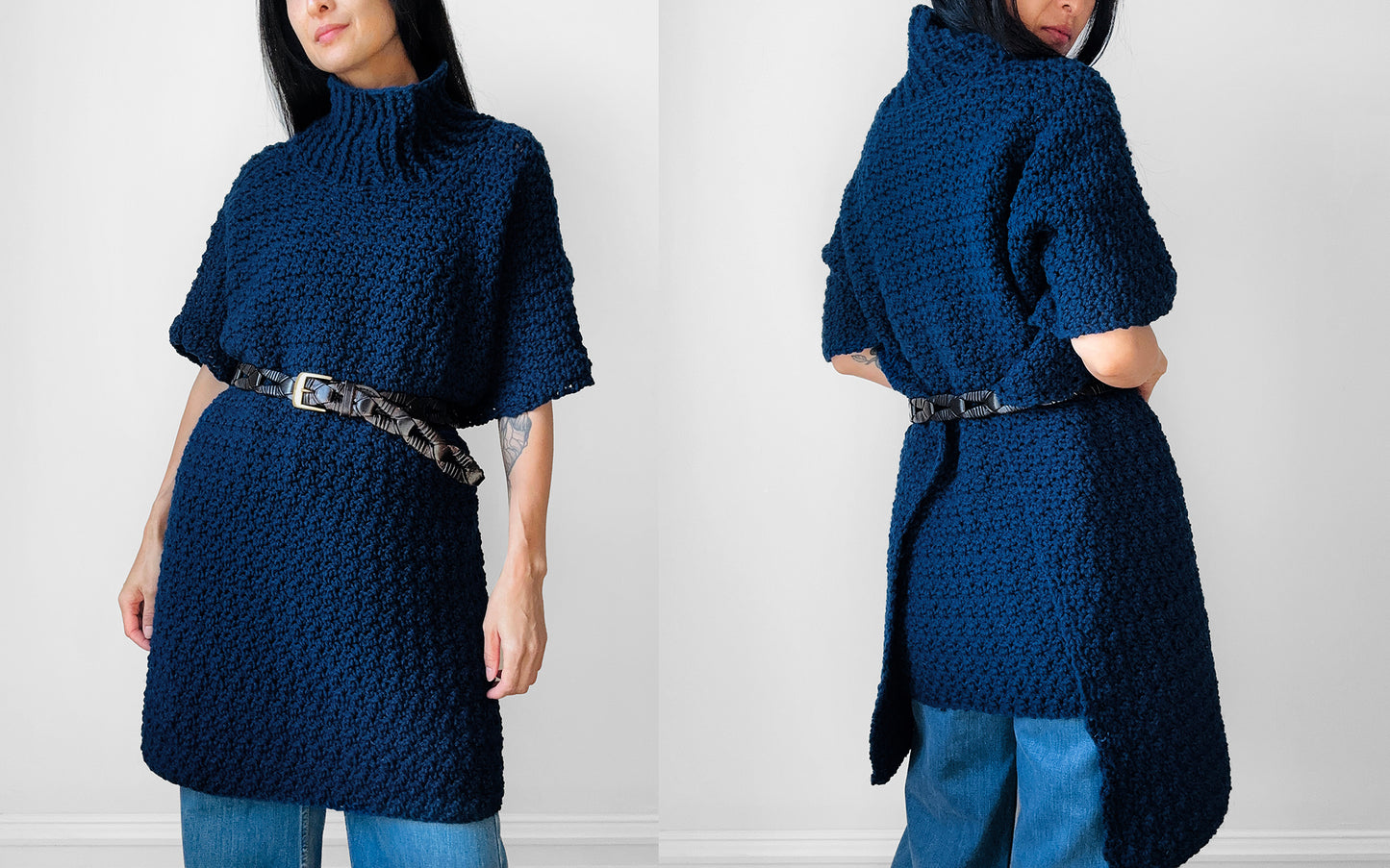 Handknit Oversized High Neck Indigo Blue Poncho Sweater - Sz. O/S