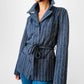 1970s Navy and White Stripe Belted Button Front Collared French Jacket - Sz. S/M