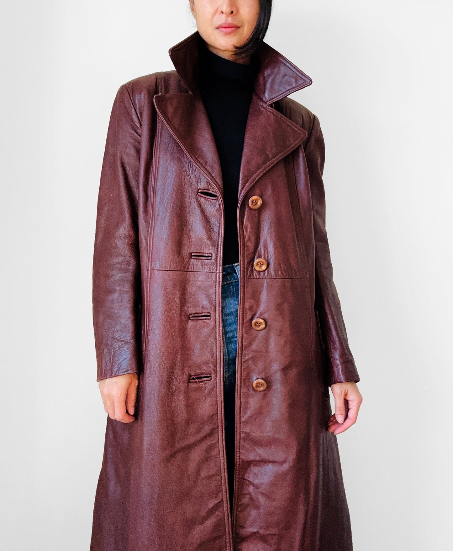 1970s Long Tapered Waist Auburn Brown Soft Leather Quilted Lining Coat