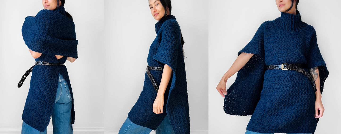 Handknit Oversized High Neck Indigo Blue Poncho Sweater - Sz. O/S