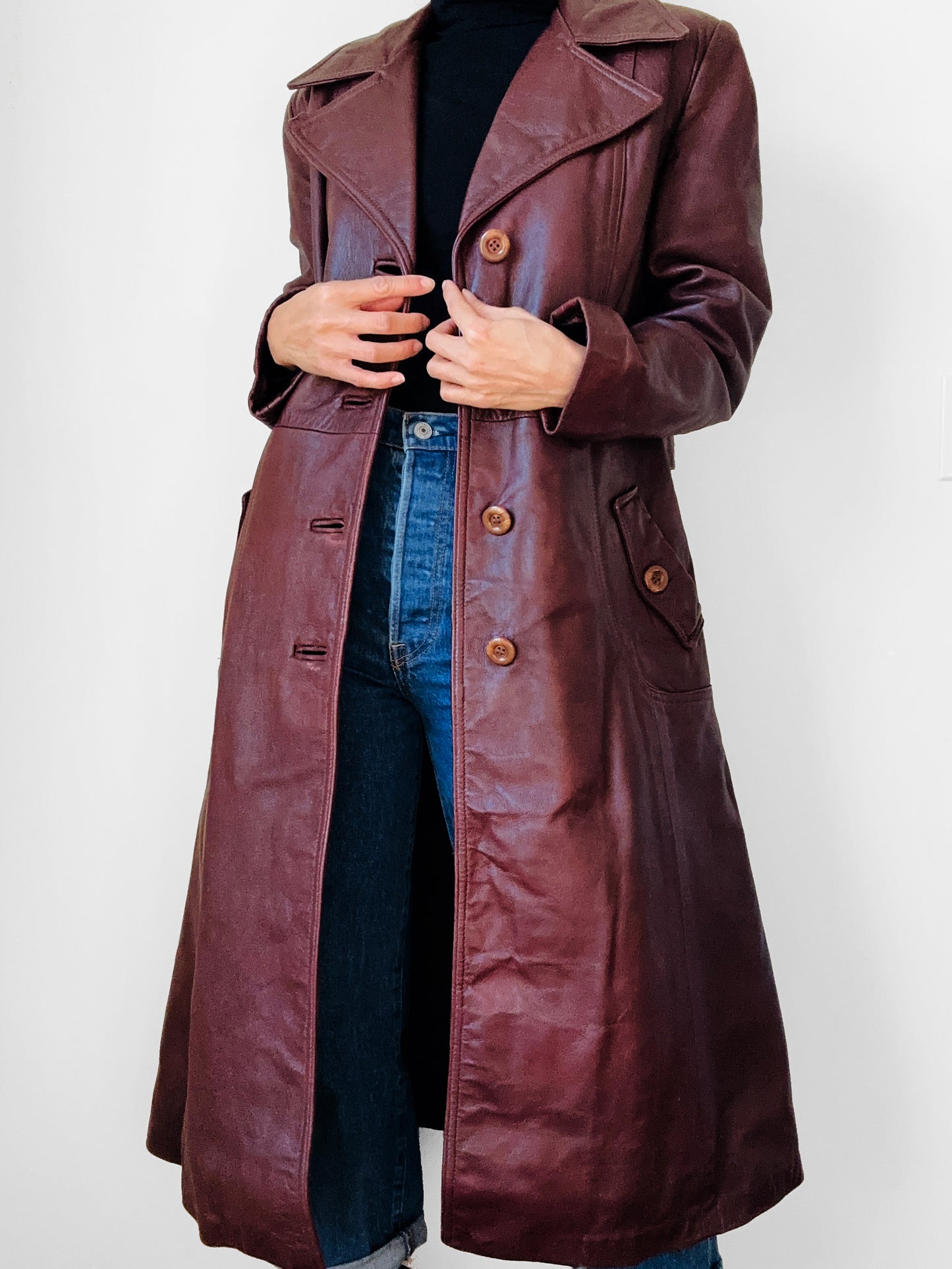 1970s Long Tapered Waist Auburn Brown Soft Leather Quilted Lining Coat