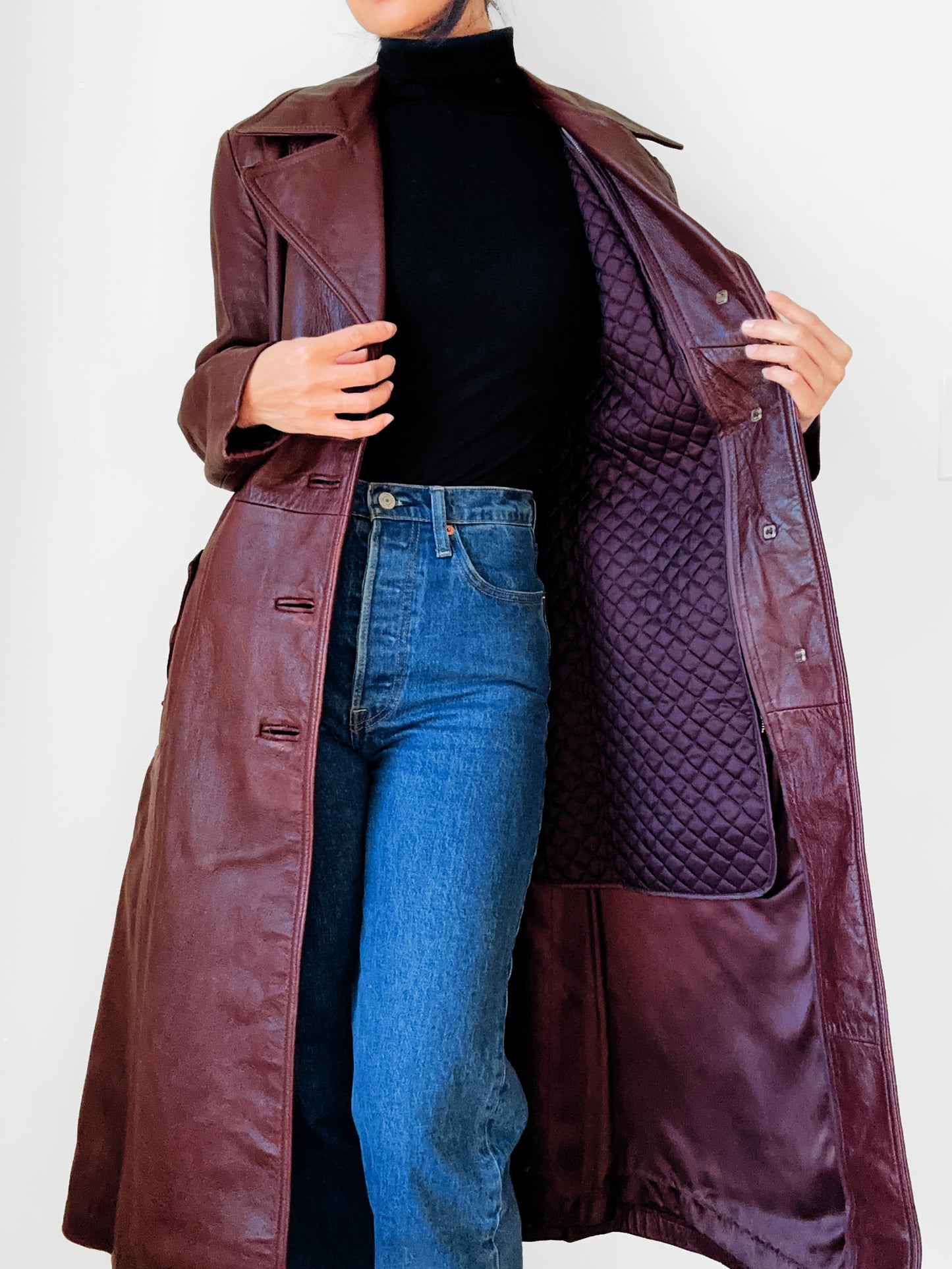 1970s Long Tapered Waist Auburn Brown Soft Leather Quilted Lining Coat