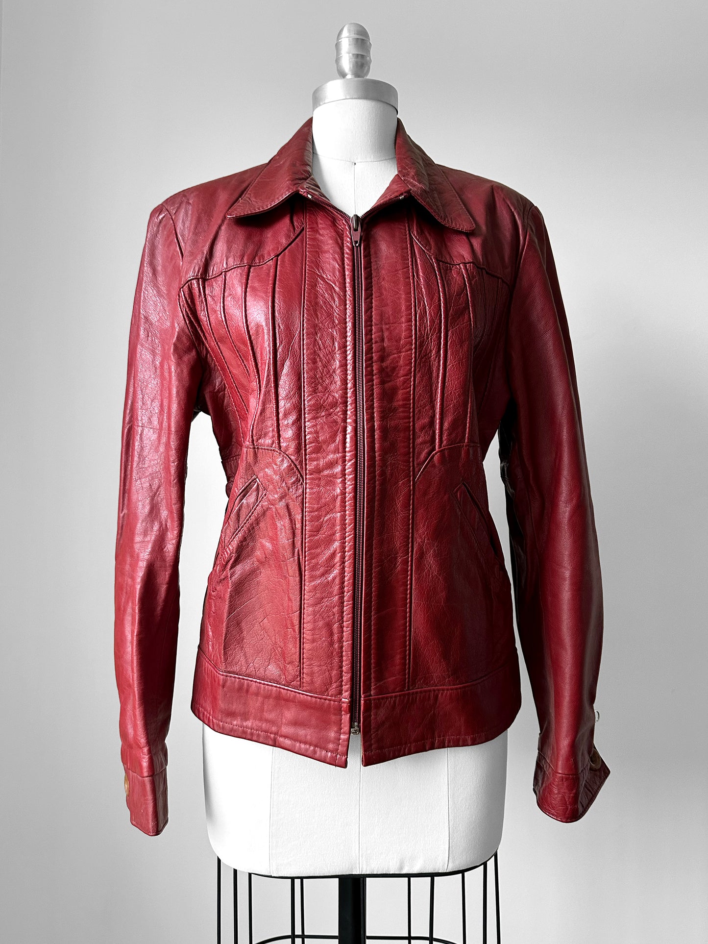 Vintage 1970s Maroon Red Zip Front Leather Jacket - Sz. M