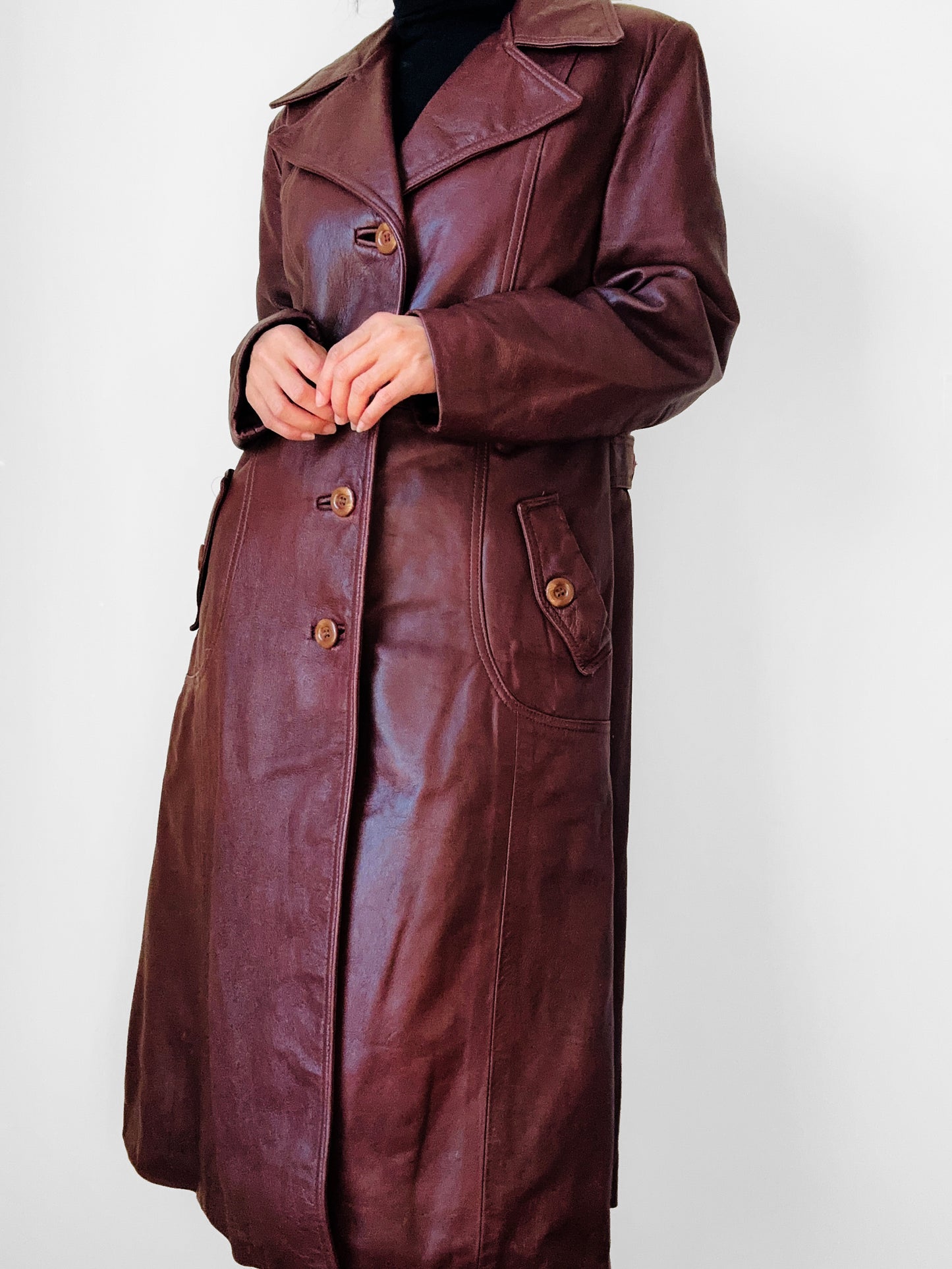 1970s Long Tapered Waist Auburn Brown Soft Leather Quilted Lining Coat