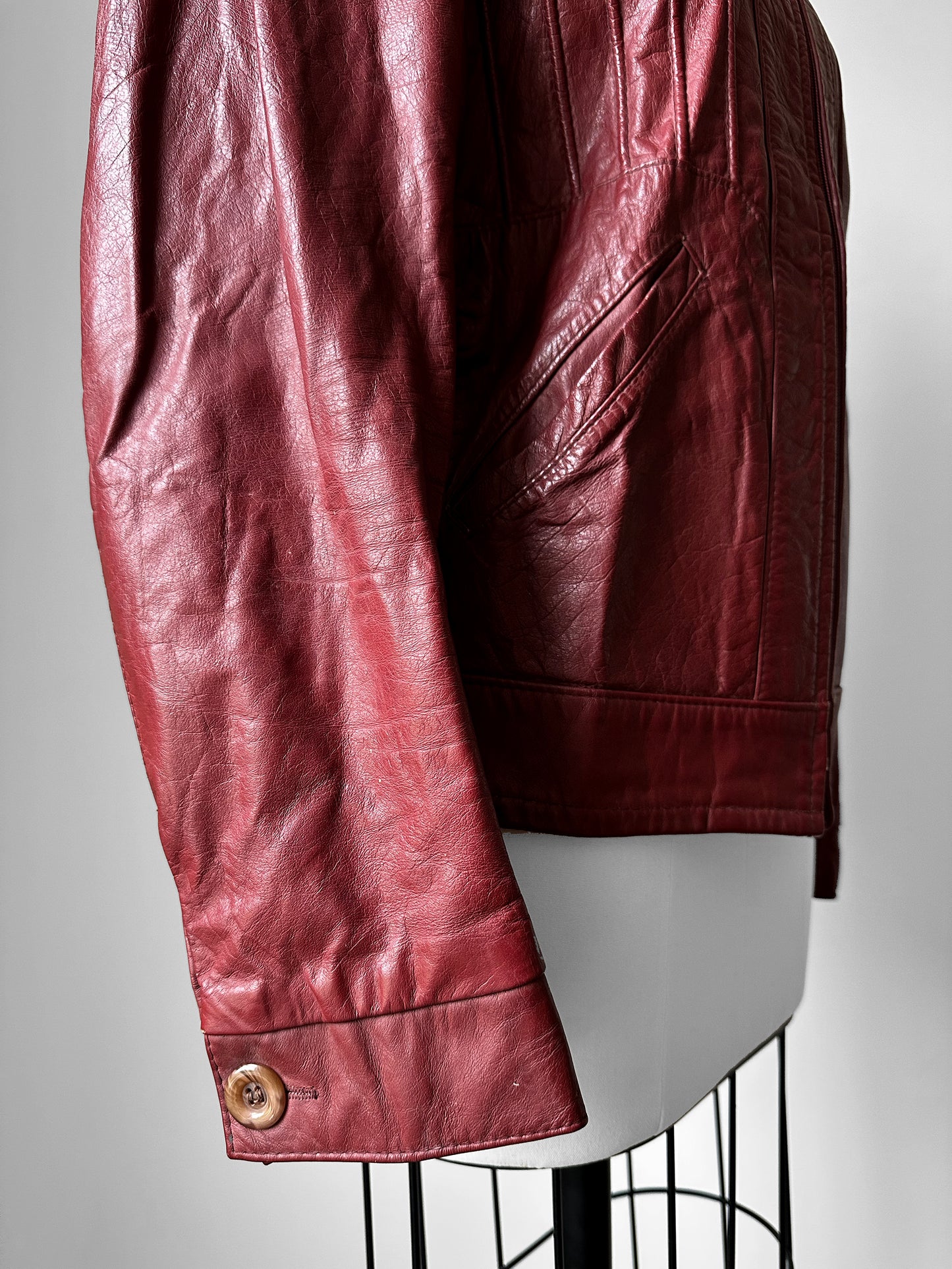 Vintage 1970s Maroon Red Zip Front Leather Jacket - Sz. M