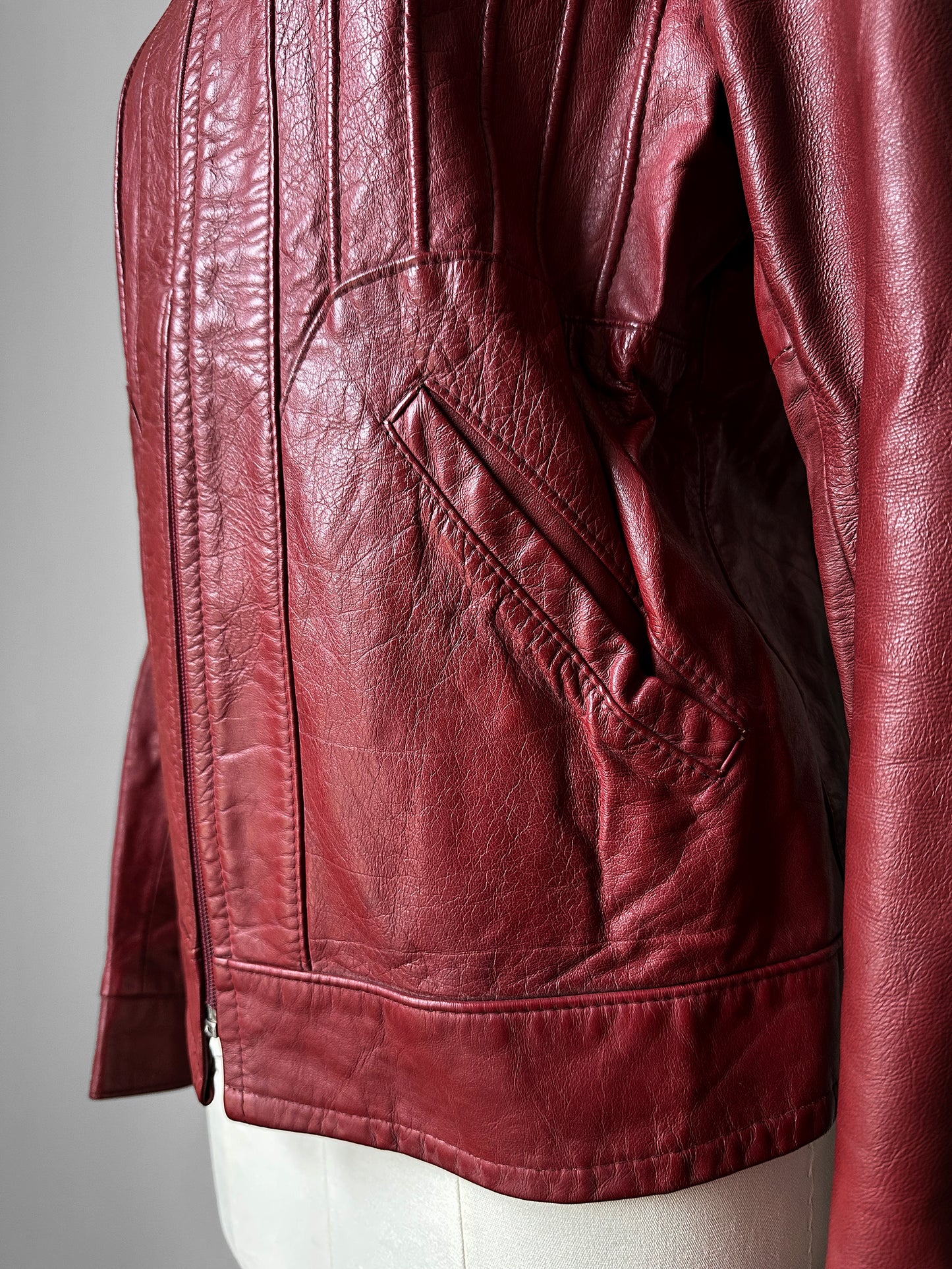 Vintage 1970s Maroon Red Zip Front Leather Jacket - Sz. M