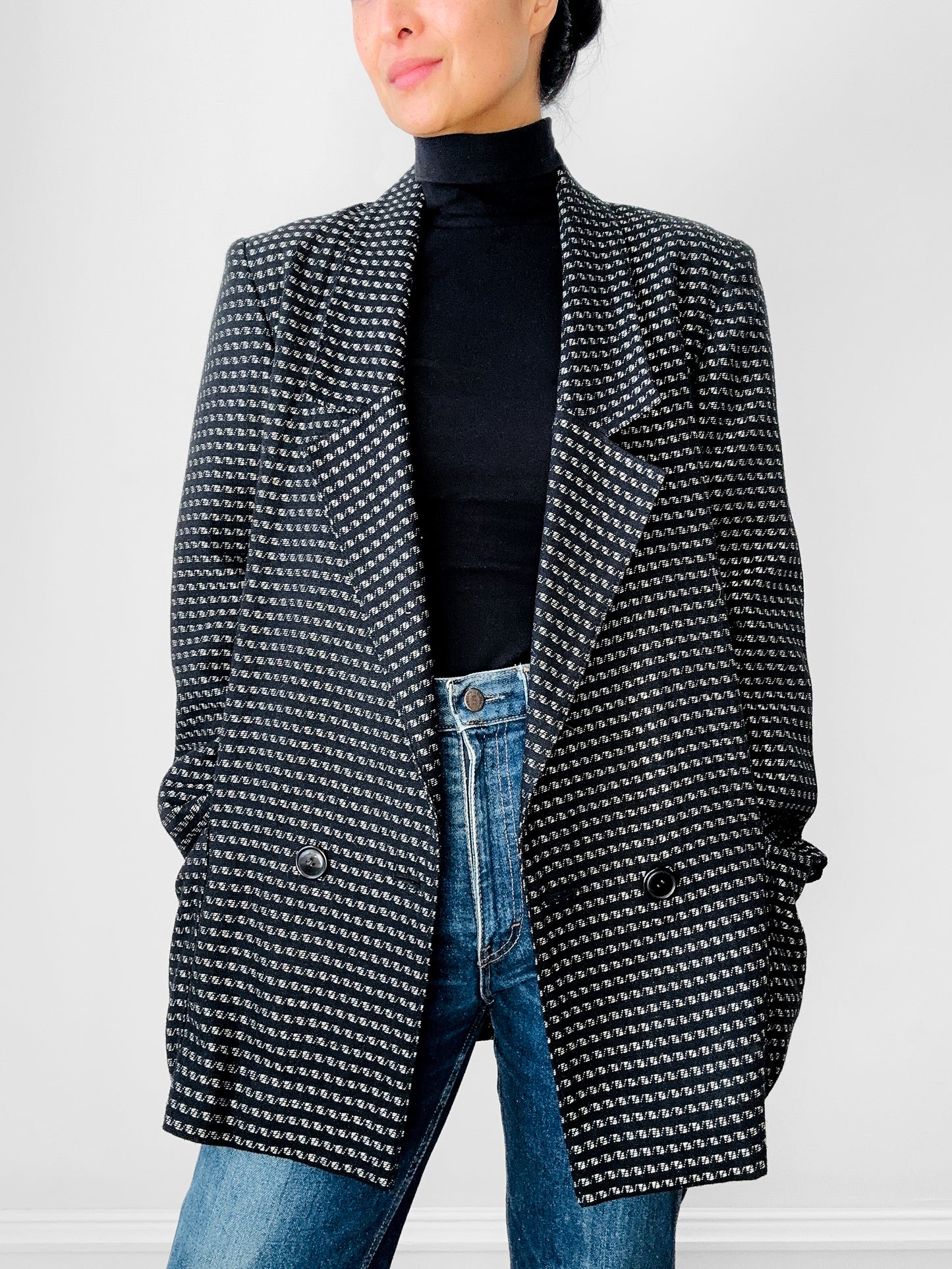 1980s Black and Silver Metallic Textured Weave Patterned Double Breasted Blazer - Sz. S/M
