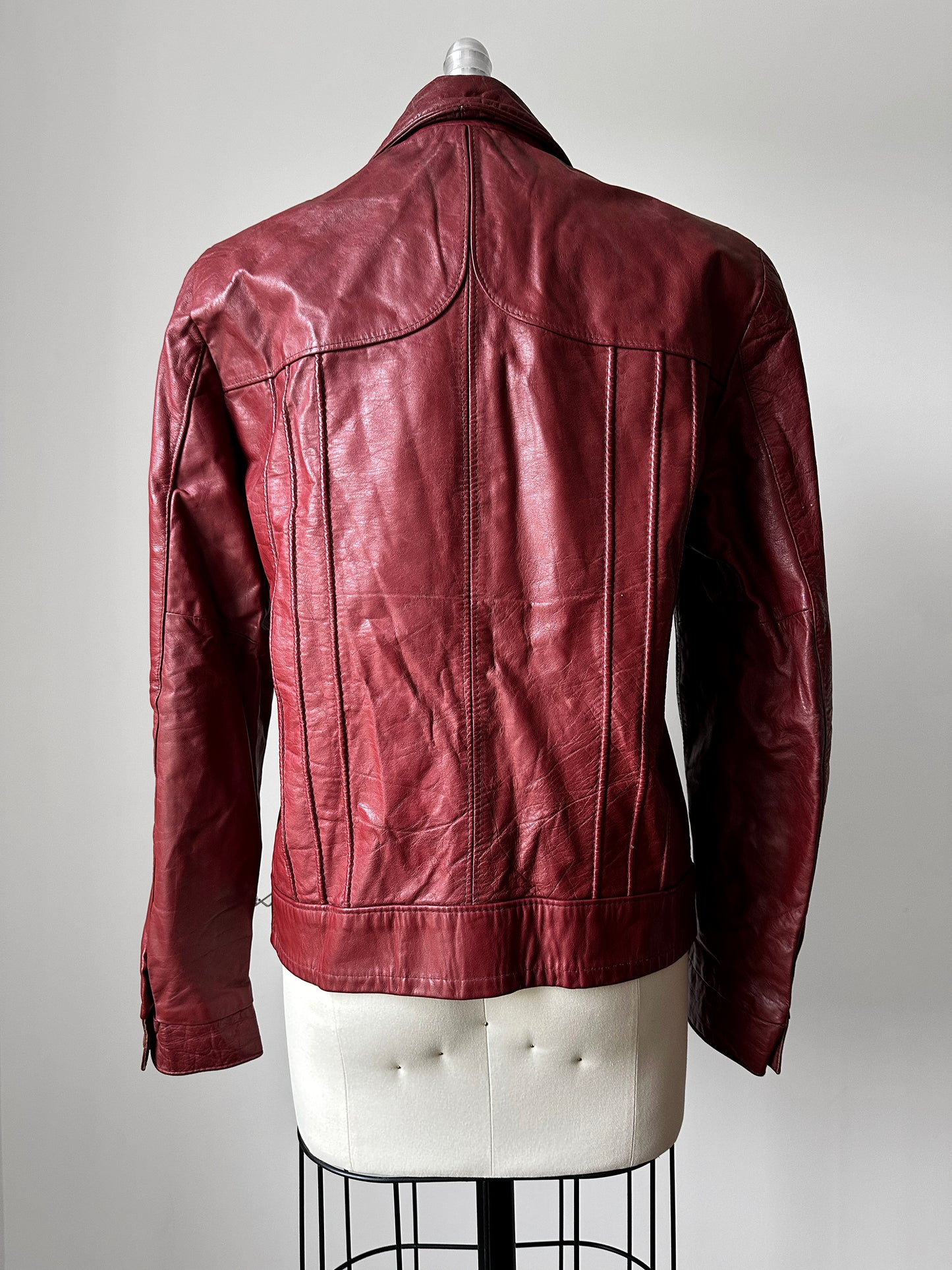 Vintage 1970s Maroon Red Zip Front Leather Jacket - Sz. M